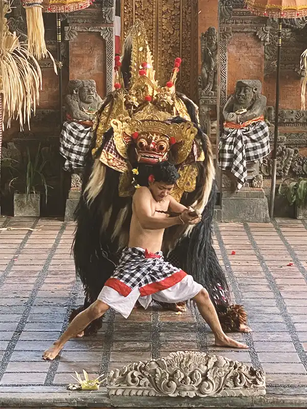 Balinese Barong and Kris Dance Show in Batubulan, traditional Bali cultural performance, Barong dance Bali itinerary, top cultural attraction in Ubud area, Bali Wonders Tour